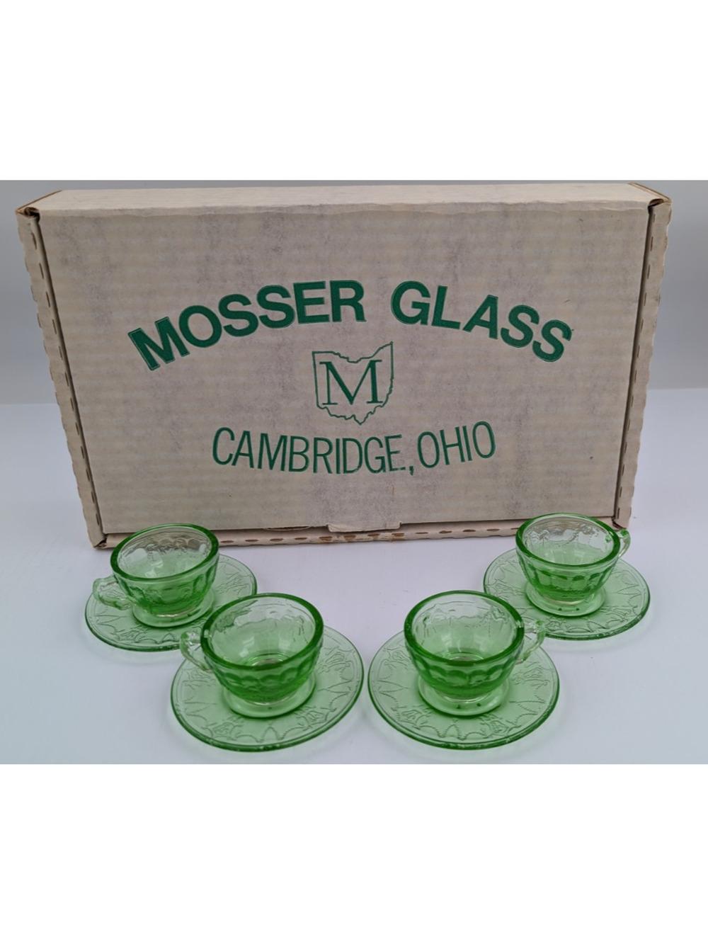 Vintage Mosser Green Glass Miniature Jennifer Set #2 - 4 Tea Cups & Saucers